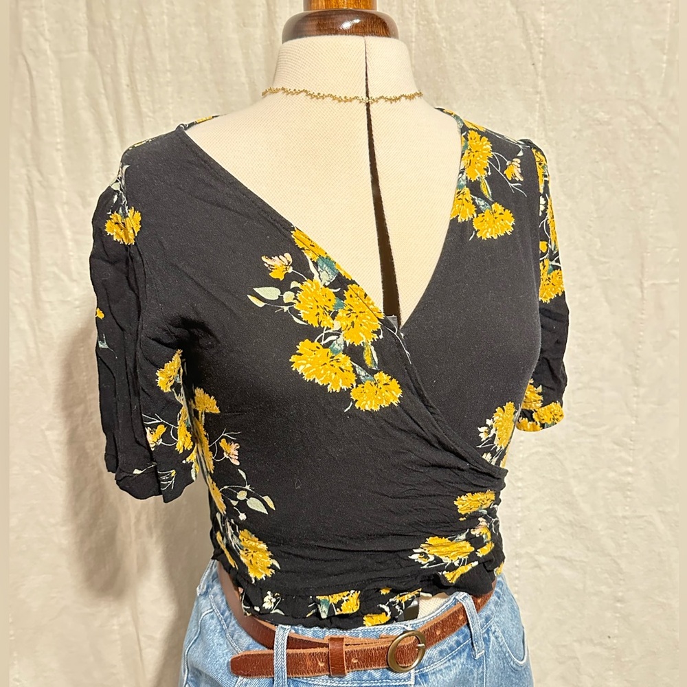 Xhilaration Black and Yellow Floral Wrap Top